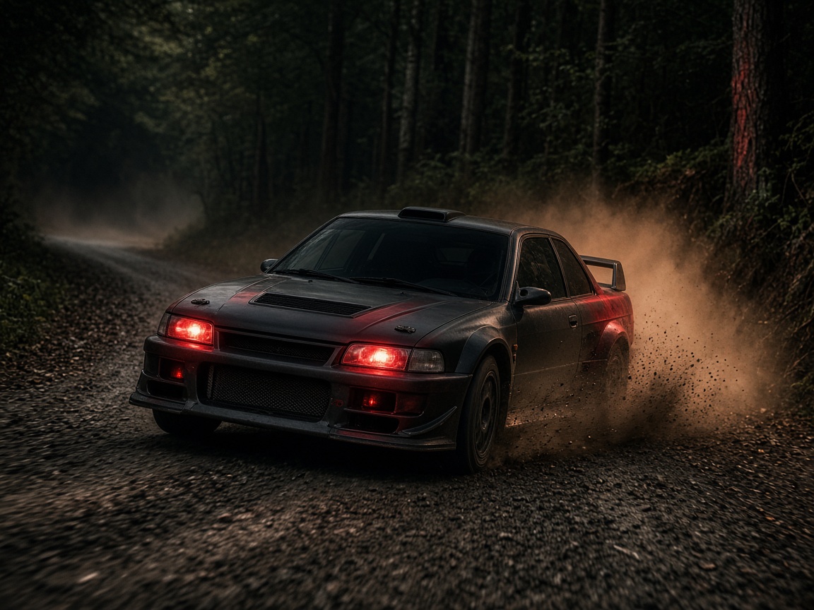 Auto de rally derrapando sobre grava en un bosque